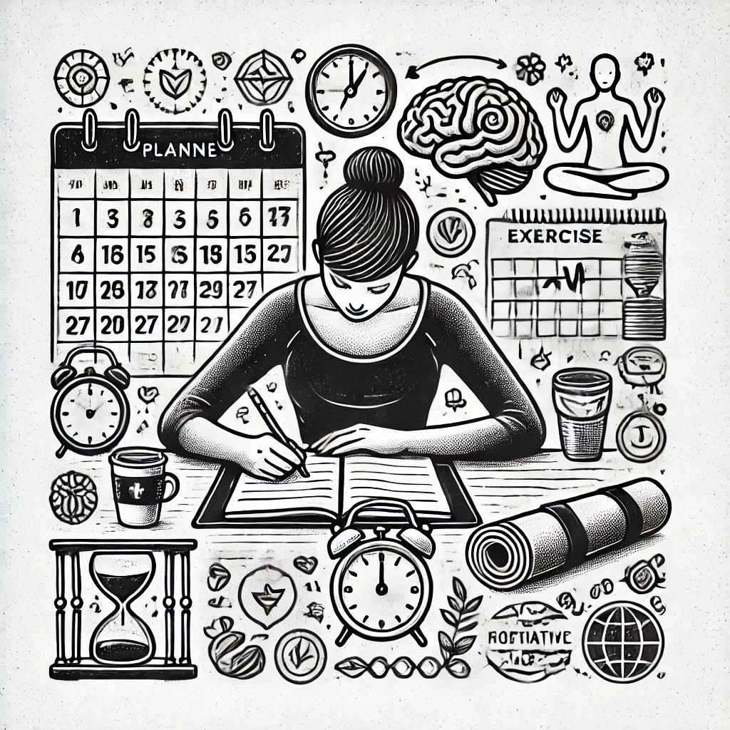 A-detailed-line-drawing-illustration-depicting-an-adult-using-a-planner-and-a-timer.