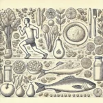 A-detailed-line-drawing-illustration-depicting-healthy-food-items-including-vegetables-fruits-and-fish-arranged-in-an-aesthetically-balanced-layout
