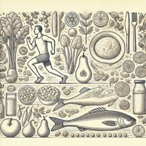 A-detailed-line-drawing-illustration-depicting-healthy-food-items-including-vegetables-fruits-and-fish-arranged-in-an-aesthetically-balanced-layout