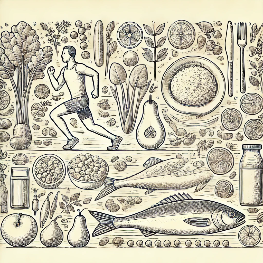 A-detailed-line-drawing-illustration-depicting-healthy-food-items-including-vegetables-fruits-and-fish-arranged-in-an-aesthetically-balanced-layout