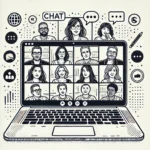 A-detailed-line-drawing-illustration-of-a-laptop-screen-displaying-a-virtual-meeting-with-diverse-adults-engaged-in-conversation.