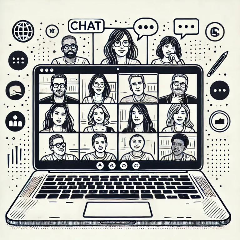 A-detailed-line-drawing-illustration-of-a-laptop-screen-displaying-a-virtual-meeting-with-diverse-adults-engaged-in-conversation.