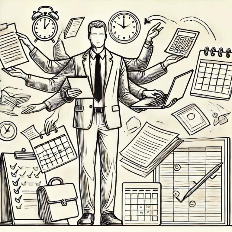 A detailed line drawing illustration depicting an adult in a professional setting, juggling multiple tasks with a calendar, laptop, and papers around