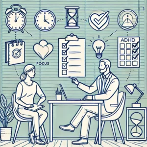 A-line-drawing-illustration-depicting-the-concept-of-ADHD-coaching-for-personal-development.-The-image-features-a-coach-and-an-adult-client-sitting