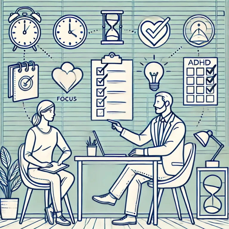 A-line-drawing-illustration-depicting-the-concept-of-ADHD-coaching-for-personal-development.-The-image-features-a-coach-and-an-adult-client-sitting