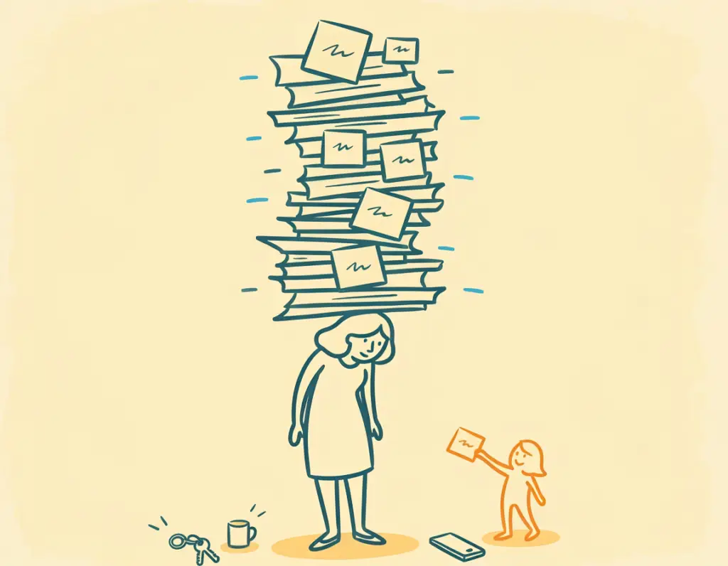 Person with ADHD struggling under a towering pile of overcommitted tasks, while a second figure adds one more.
