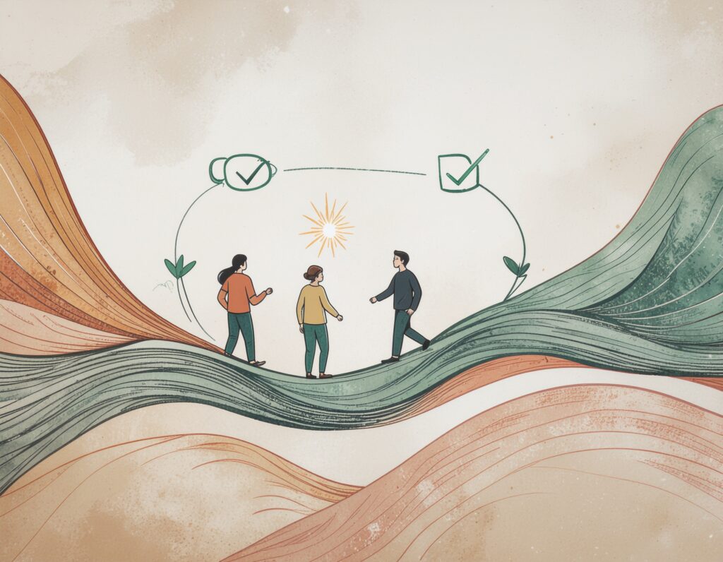 Circular diagram showing how small completed actions create a dopamine spark that leads to the next action, illustrating the momentum loop